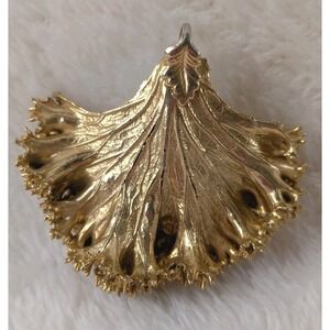 Vintage Gold Tone Kale Leaf Pendant Large Botanical Statement Jewelry